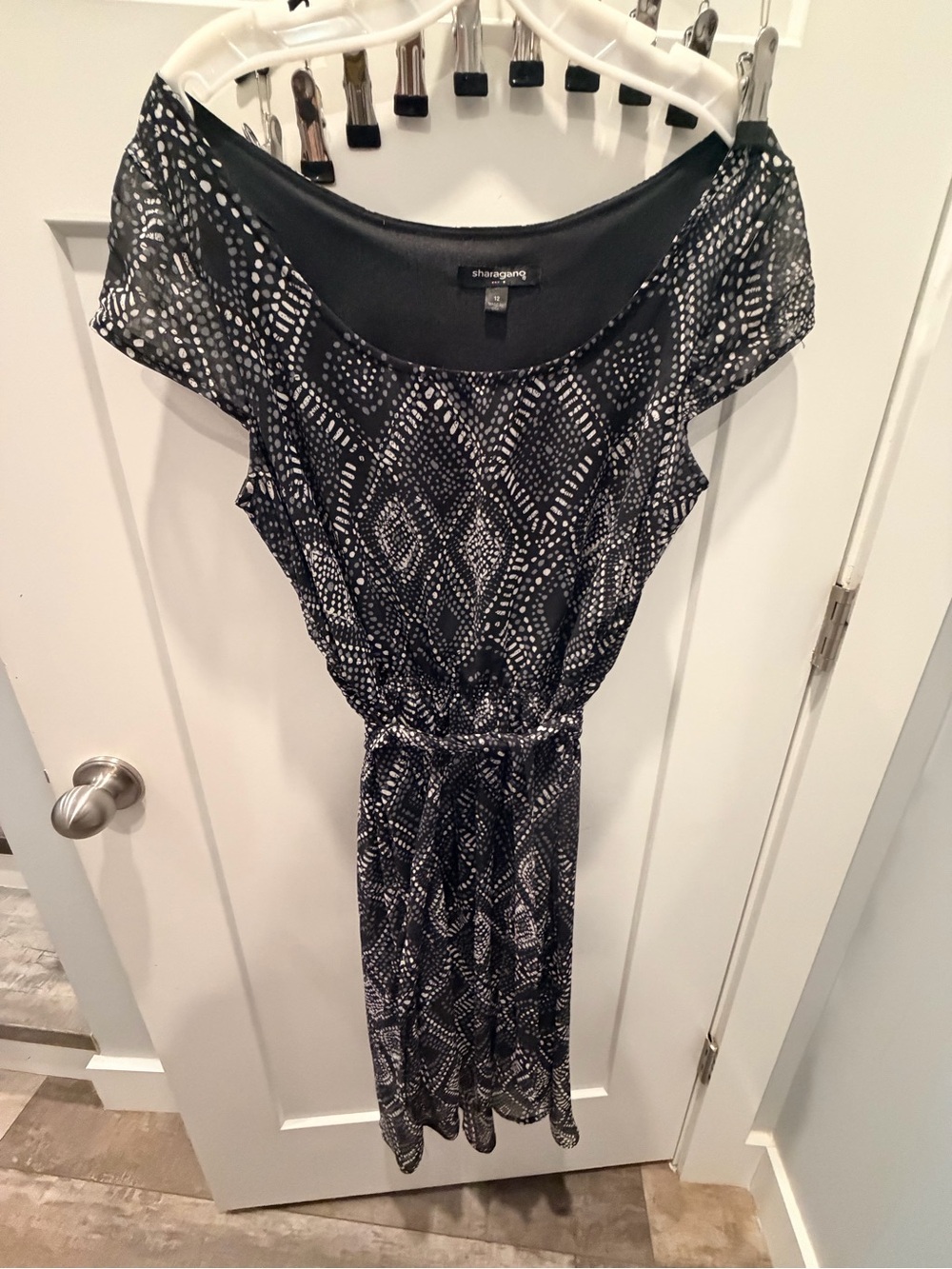 Sharagano Women’s Size 12 Black White Print Fit & Flare Dress Made USA